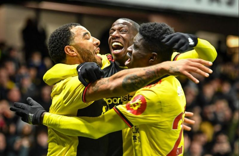 Watford celebrate one of their goals against EPL leaders Liverpool.